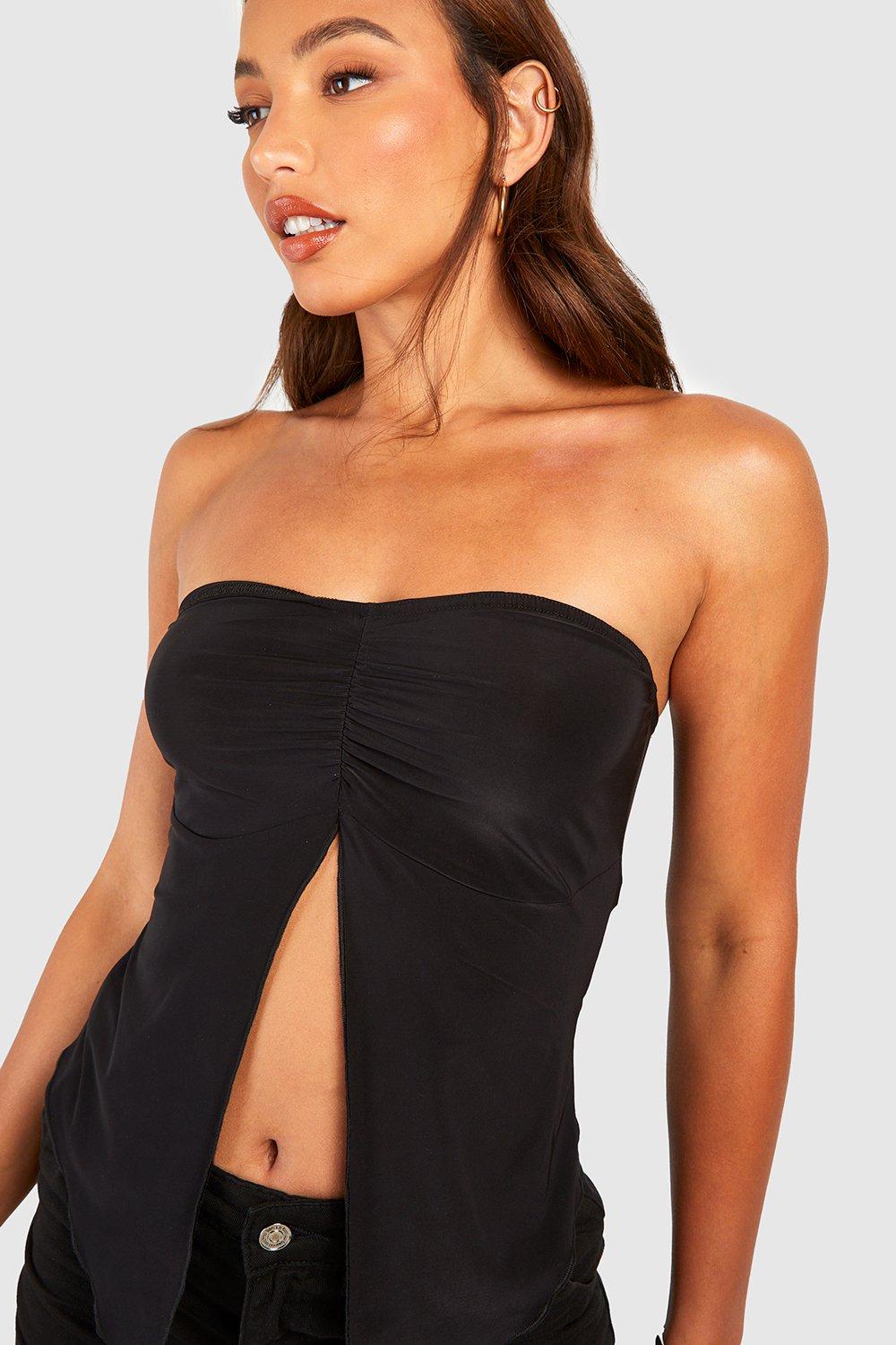 Women's Black Ruched Front Strapless Bodysuit