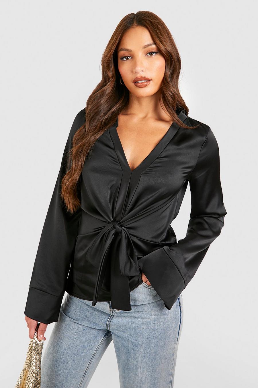 Black Tall Satin Tie Front Drape Plunge Blouse image number 1