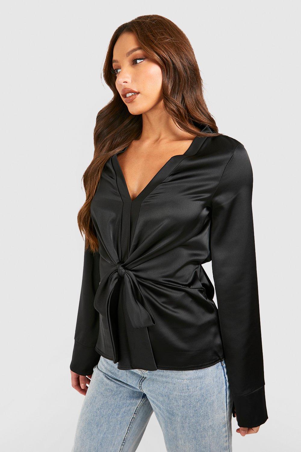 Tall Satin Tie Front Drape Plunge Blouse boohoo FI