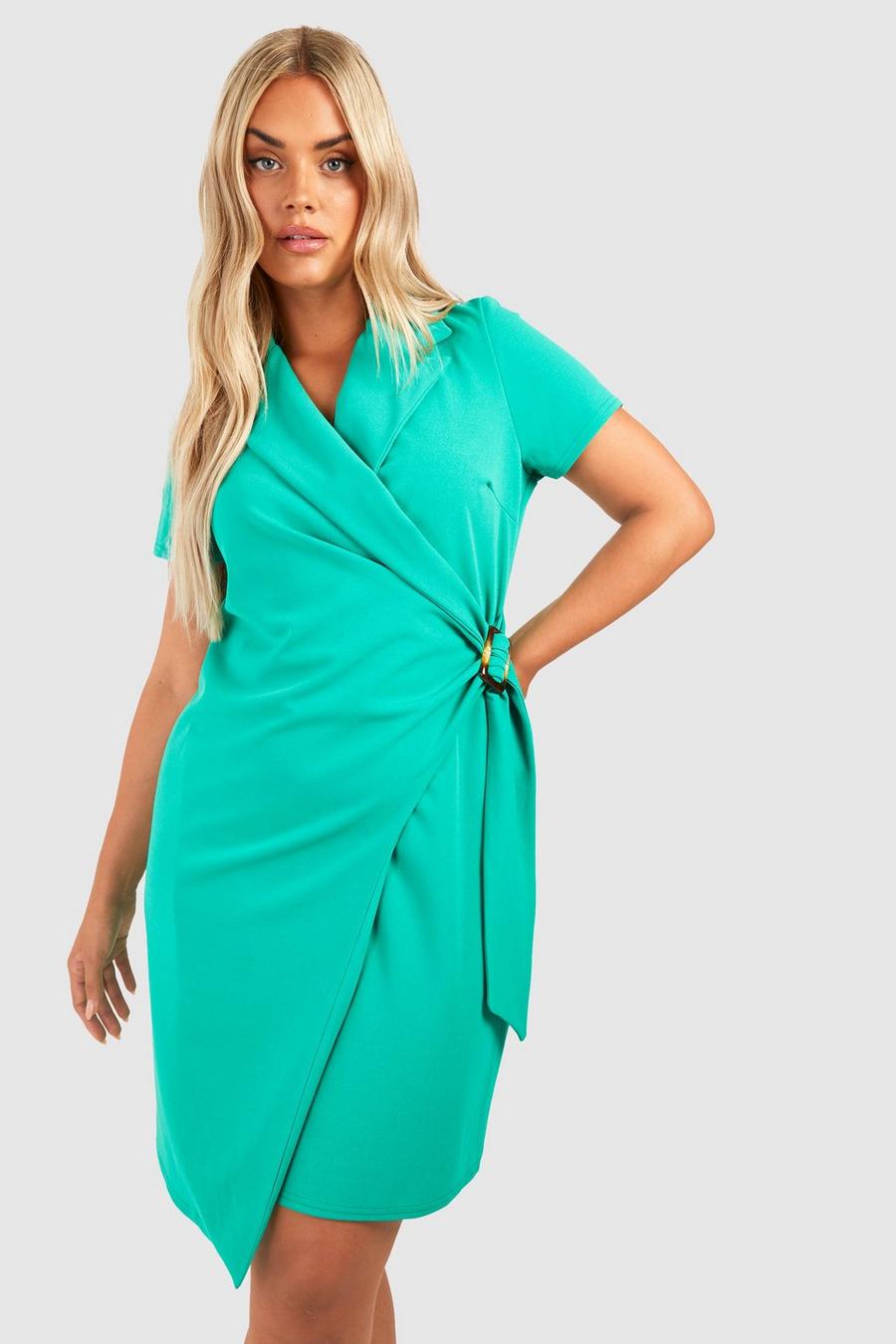 Green grön Plus Crepe Wrap Tailored Short Sleeve Blazer Dress 