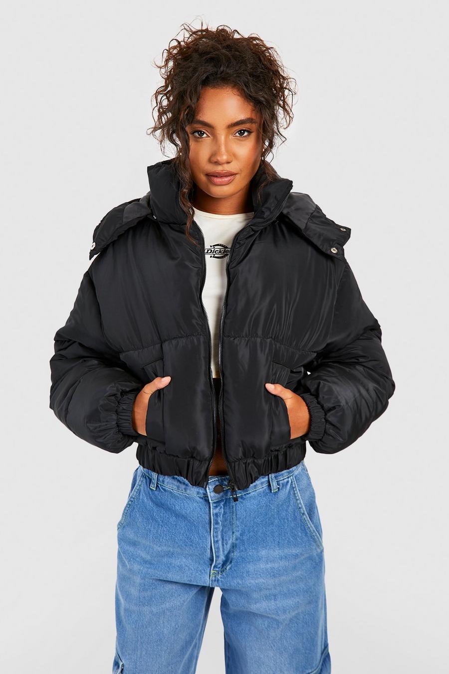 Black Tall Hooded Crop Puffer Jacket image number 1