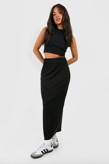 Black Petite Crinkle Rib Folded Waist Maxi Skirt