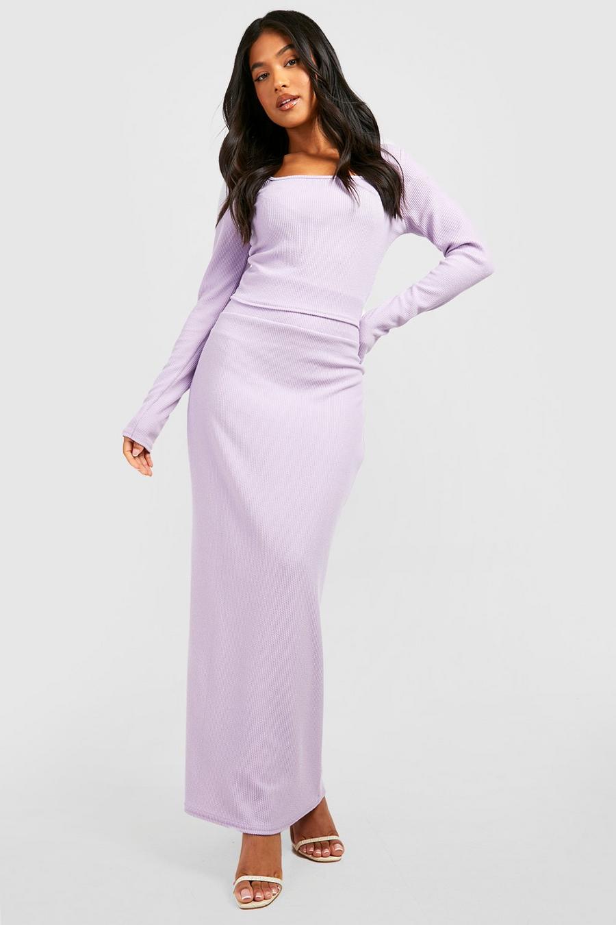Lilac purple Petite Crinkle Rib Folded Waist Maxi Skirt 