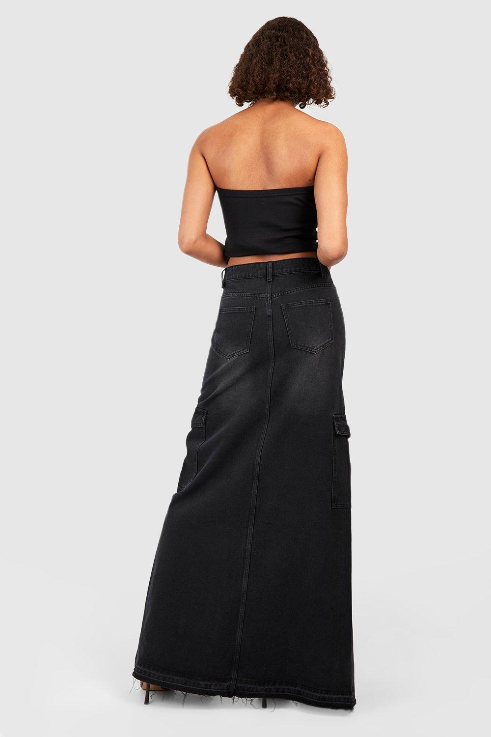 Tall Cargo Split Front Frayed Denim Maxi Skirt