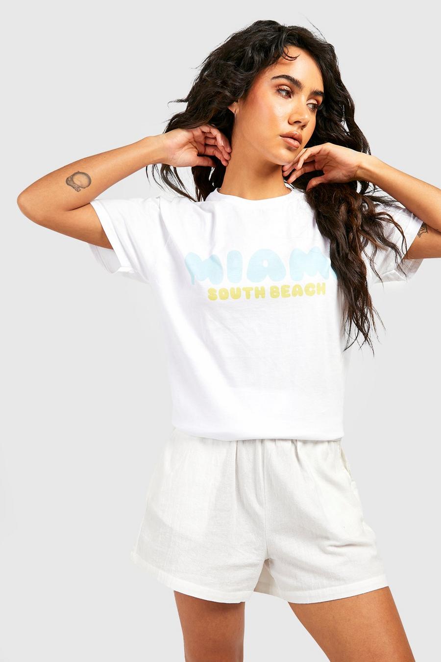 Camiseta oversize con estampado de Miami South Beach, White image number 1