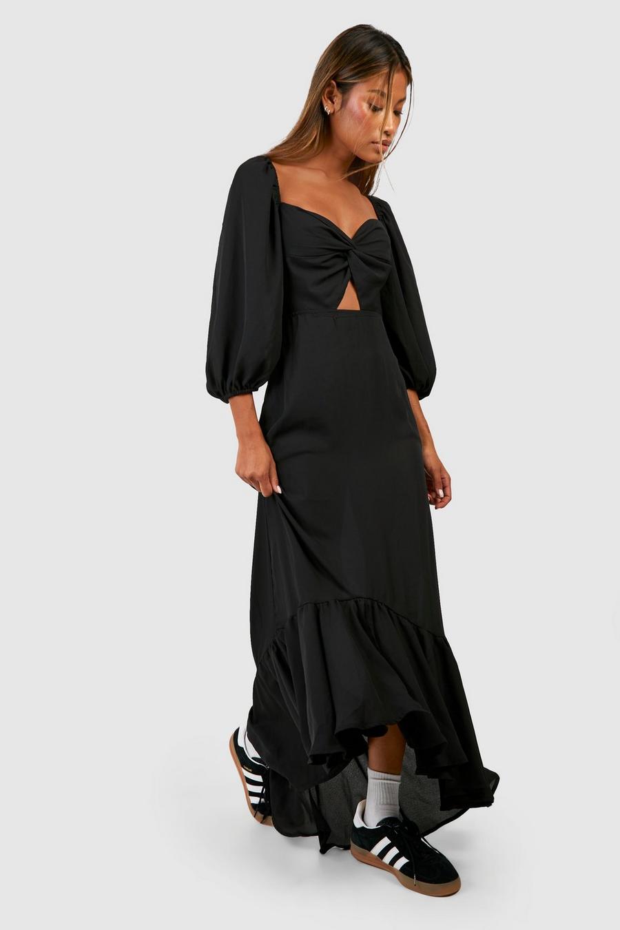 Black Puff Sleeve Cut Out Ruffle Maxi Dress image number 1