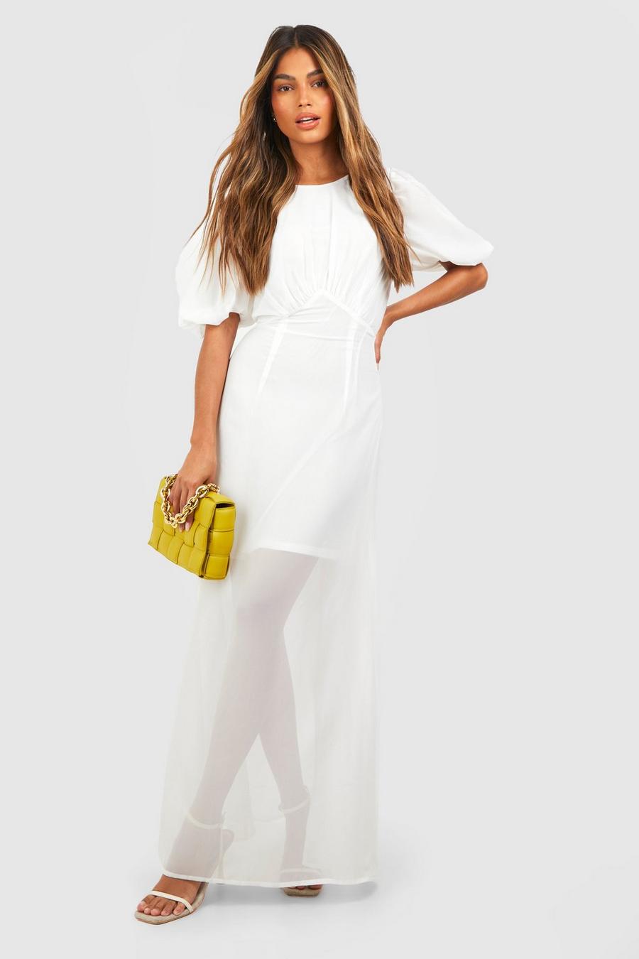 White Puff Sleeve Tiered Maxi Smock Dress image number 1
