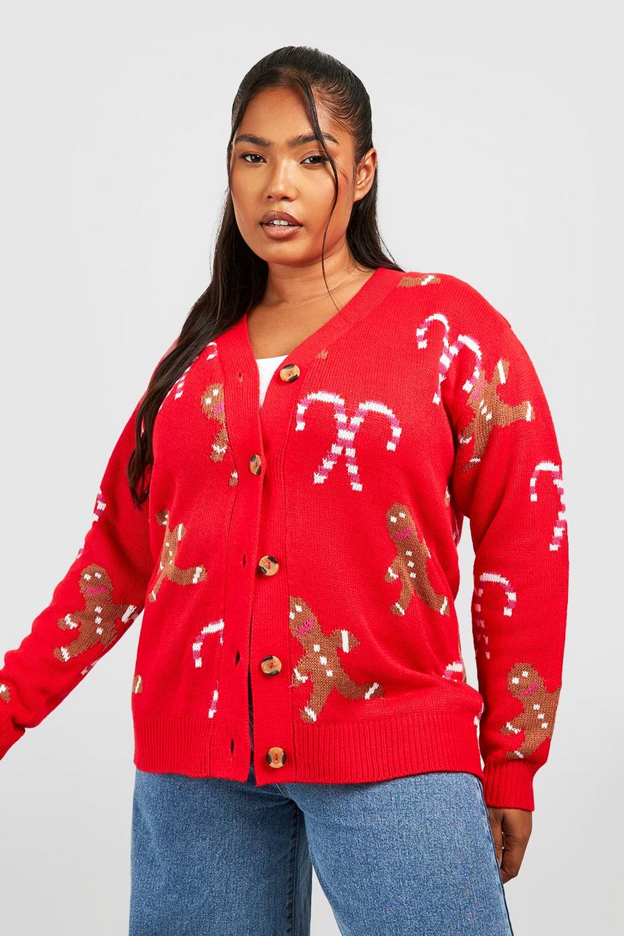Plus Weihnachts-Cardigan mit Gingerbread-Print, Red image number 1