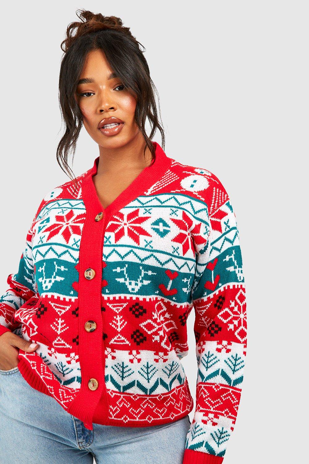 Women s Plus Fairisle Christmas Cardigan Boohoo UK