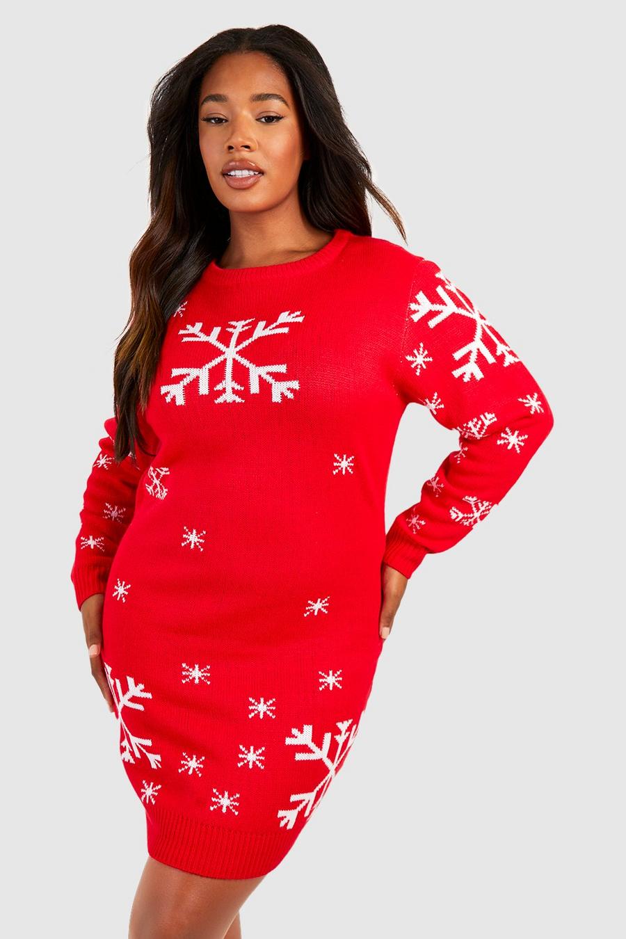 Plus Weihnachts-Pulloverkleid mit Schneeflocken, Red image number 1