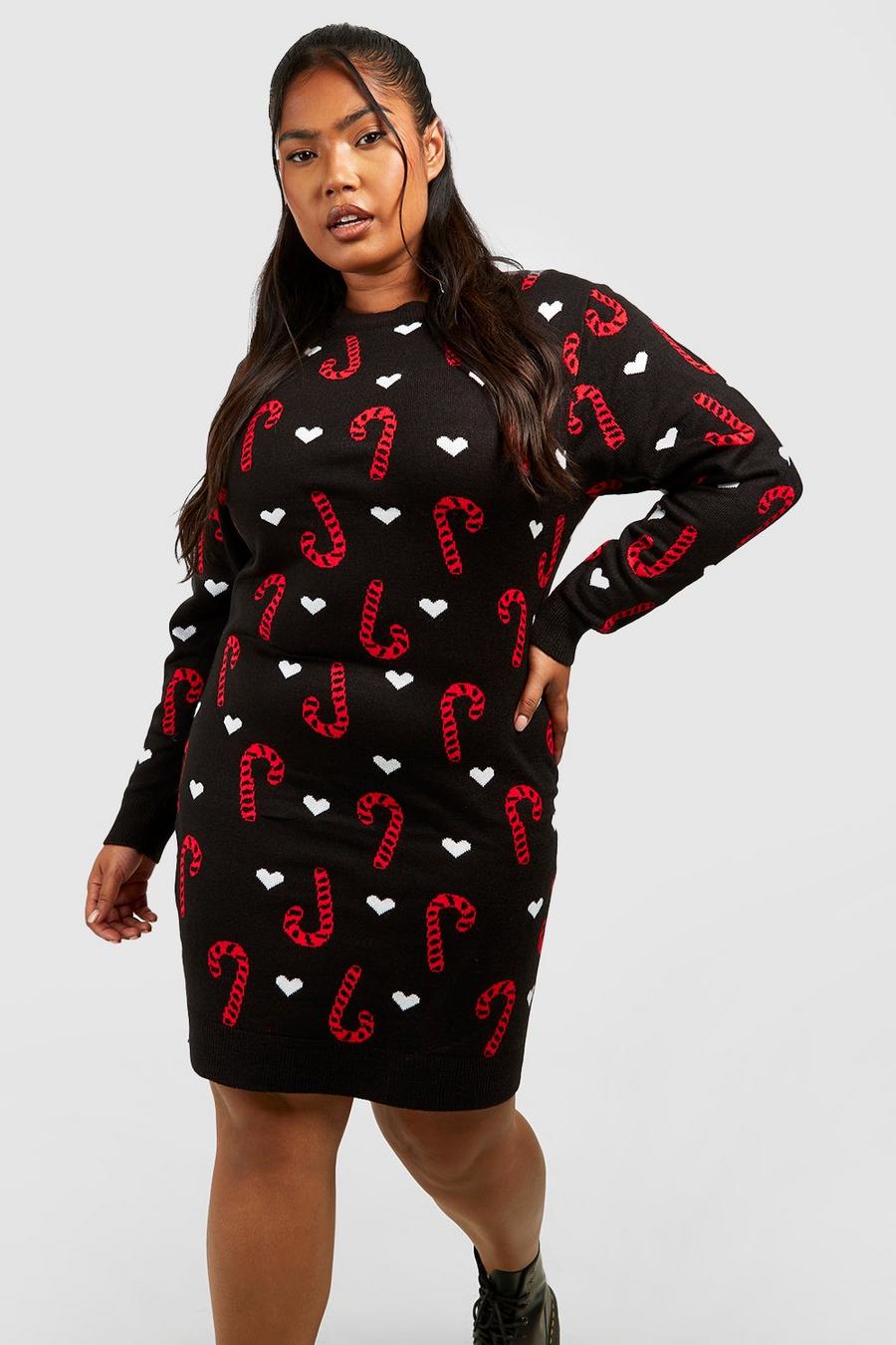 Black Plus Candy Cane Christmas Sweater Dress image number 1