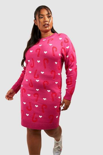 Grande taille - Robe pull de Noël à motif cœur en sucre d'orge hot pink