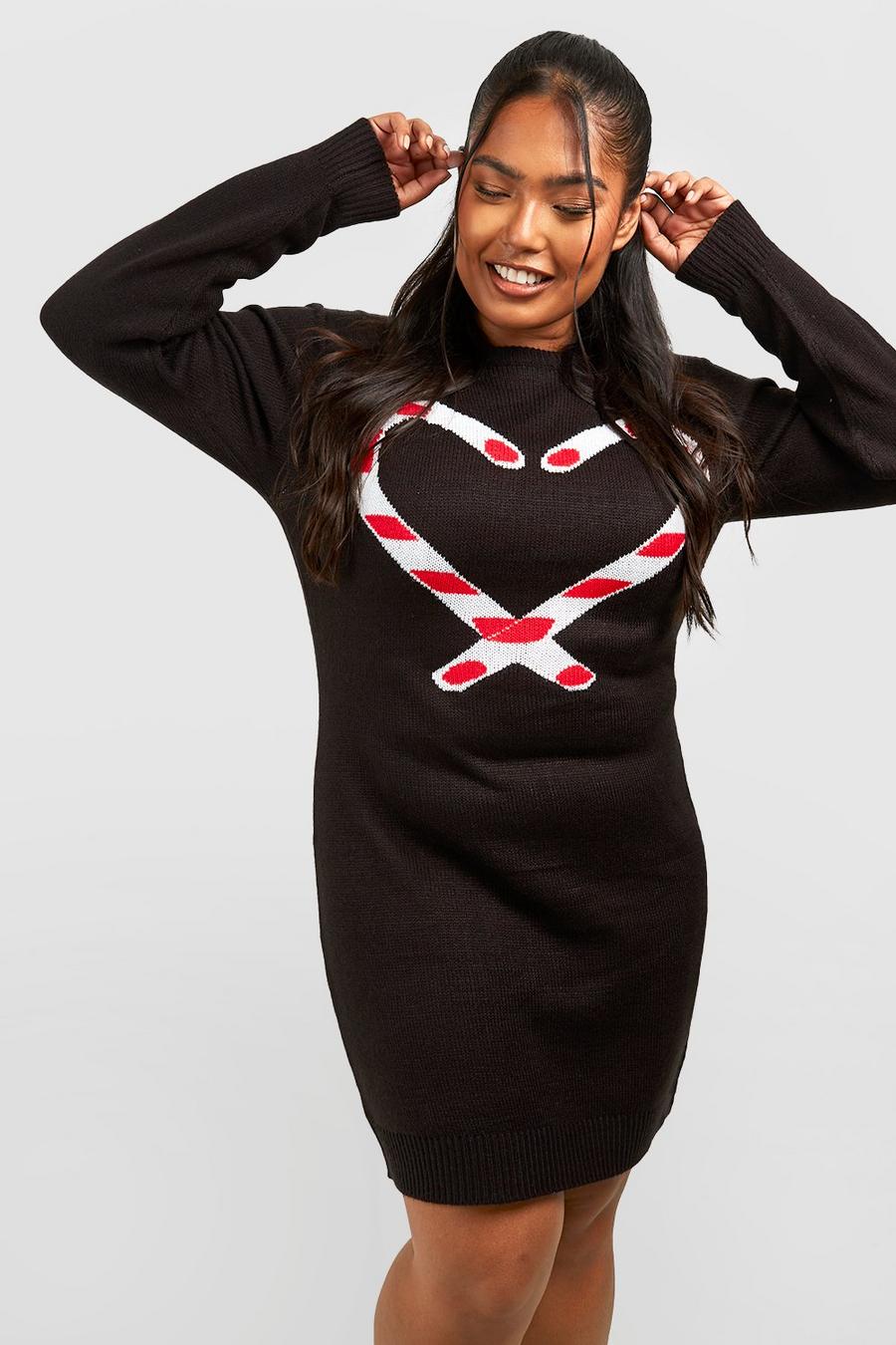 Black Plus Candy Cane Heart Christmas Sweater Dress image number 1