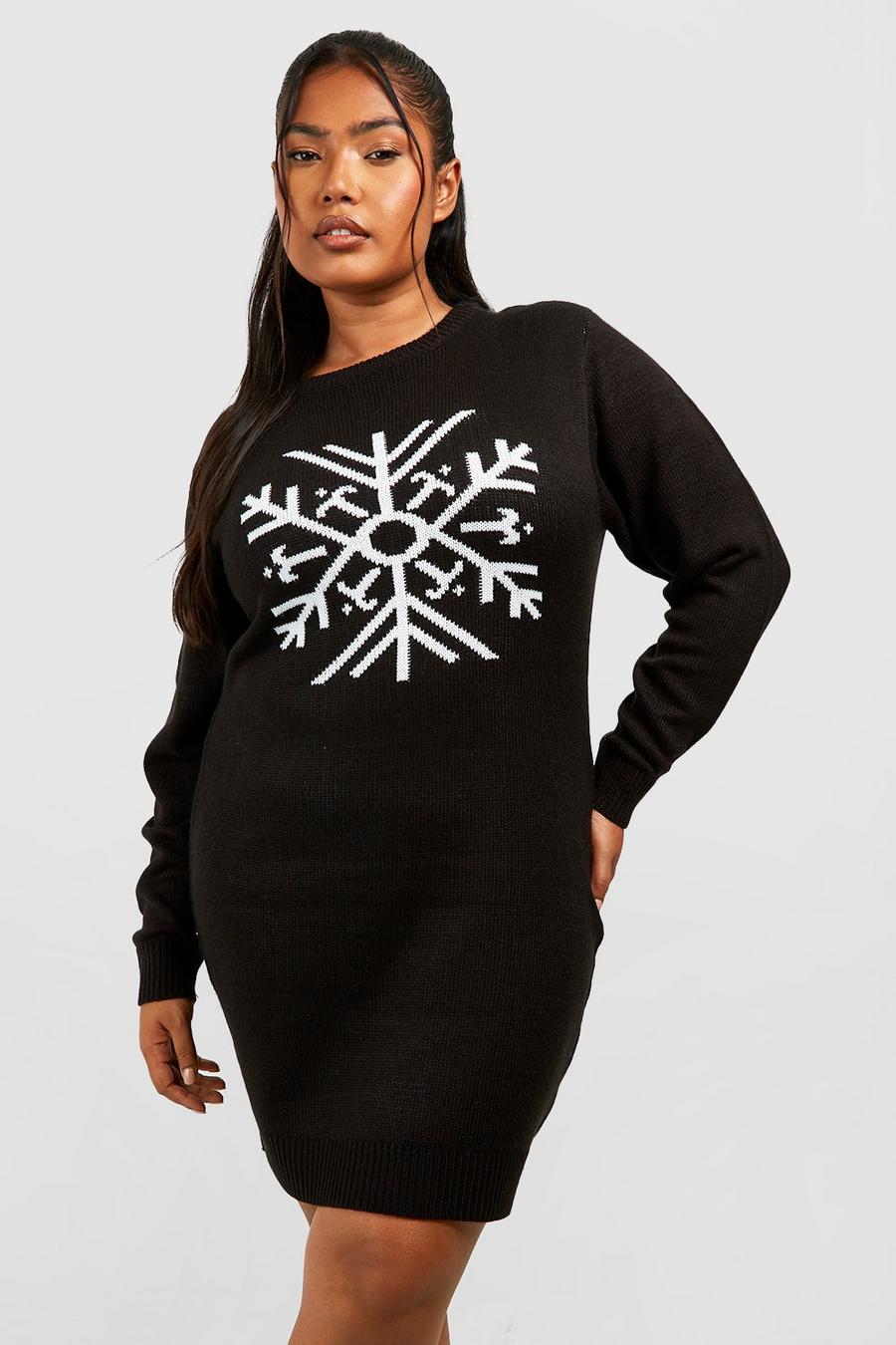 Plus Weihnachts-Pulloverkleid mit Schneeflocken, Black image number 1
