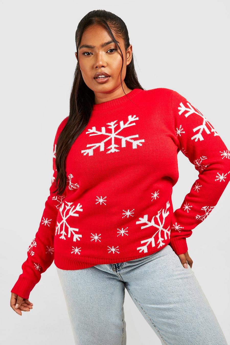 Red Plus Snowflake Print Christmas Sweater