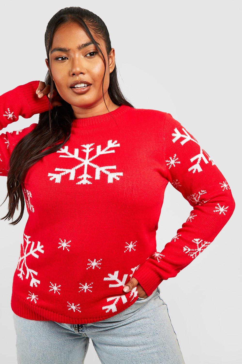 Women s Plus Snowflake Print Christmas Jumper Boohoo UK