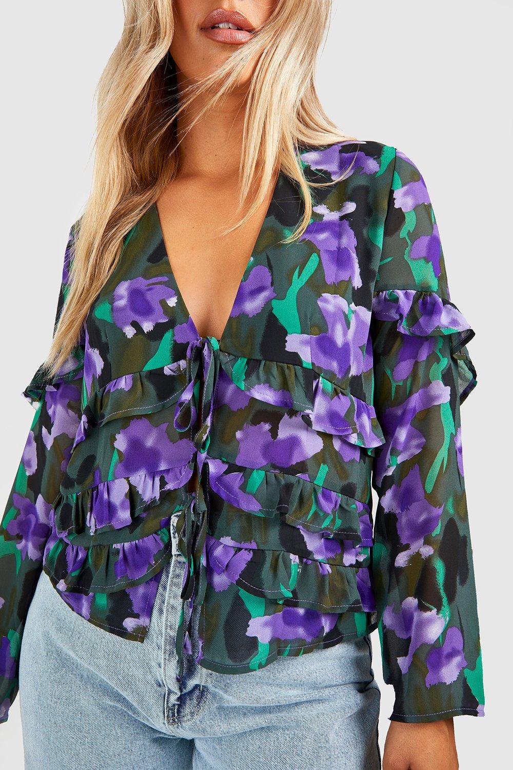 Plus Chiffon Ruffle Tie Front Floral Blouse boohoo