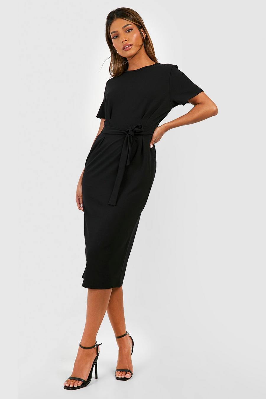 Black Crepe Pleat Front Belted Midi Dress image number 1