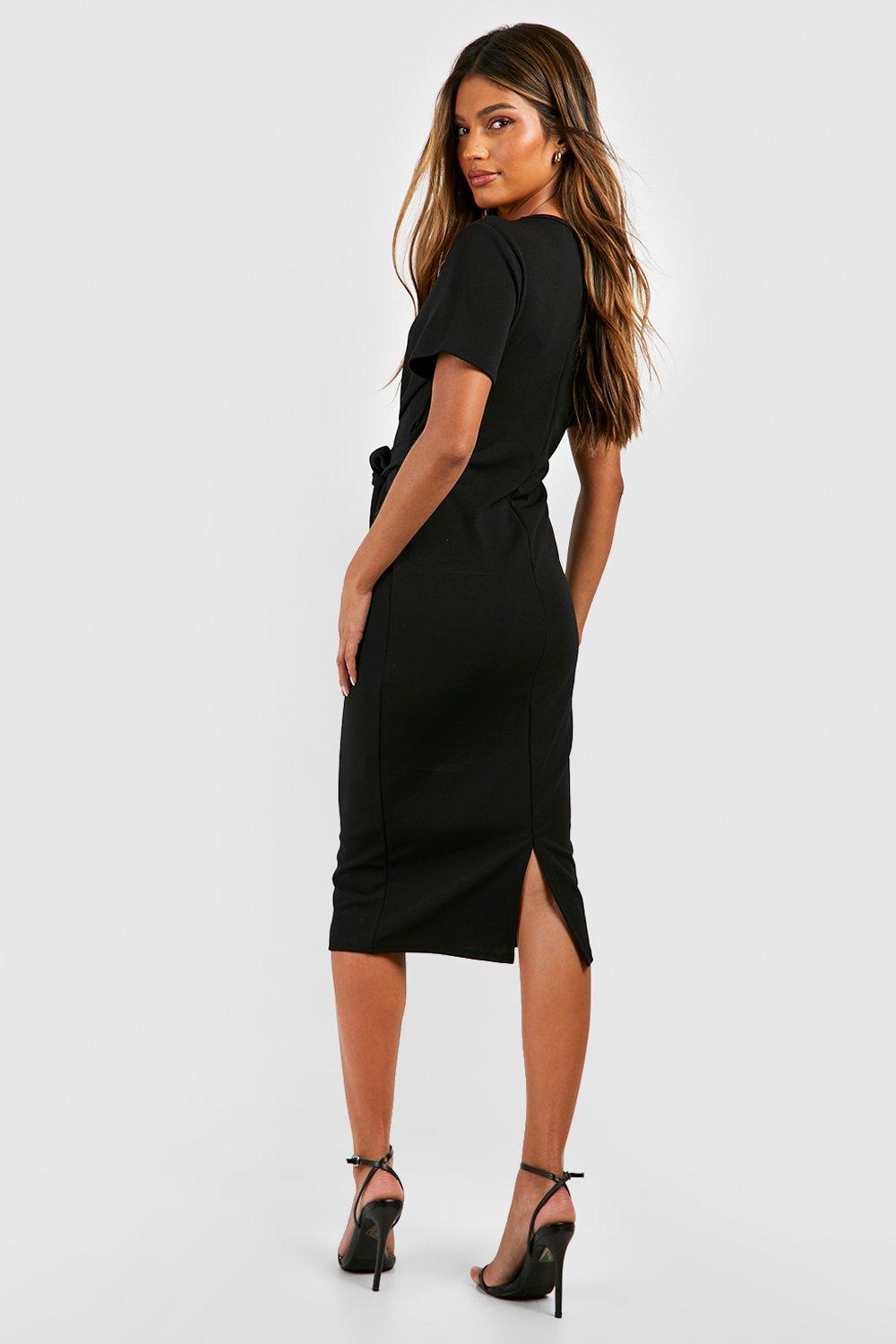 Crepe Pleat Front Belted Midi Dress