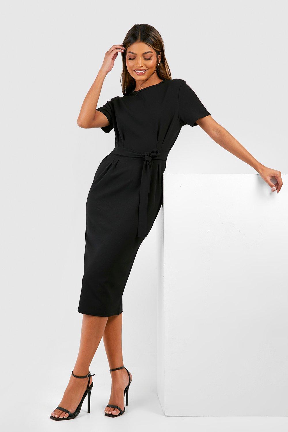 Pleat front belted outlet tailored midi dress