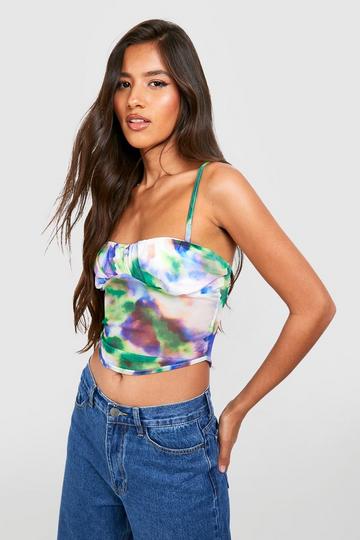 Tall Abstract Print Ruched Mesh Corset Top multi