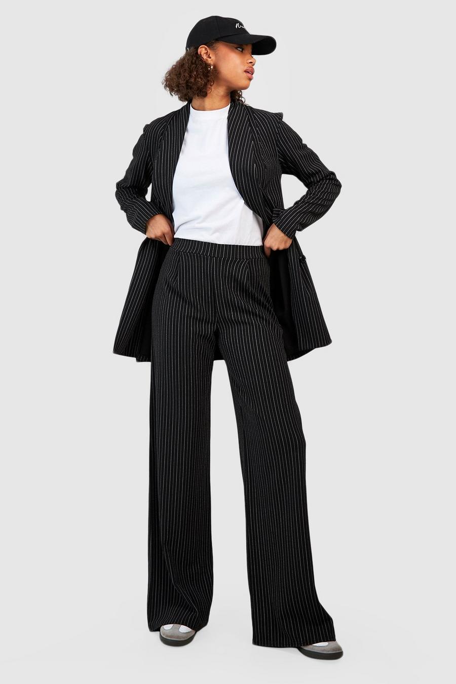 Tall - Pantalon large basique en jersey à rayures fines, Black image number 1