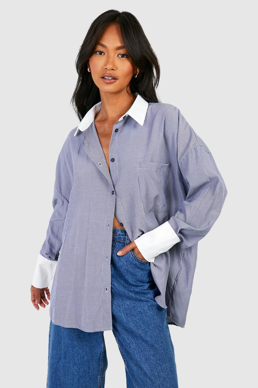 Blue Stripe Contrast Cuff And Collar Oversized Shirt image number 1