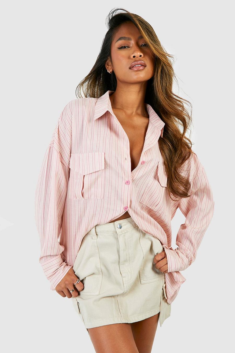 Camicia oversize a righe con tasche, Pink image number 1