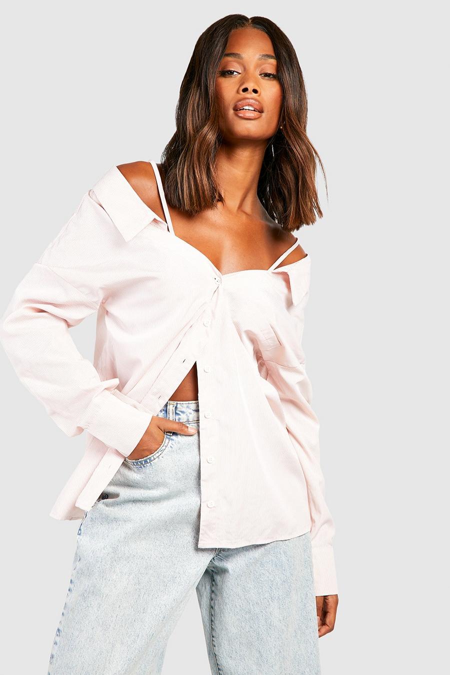 Schulterfreies Oversize Hemd, Pink image number 1