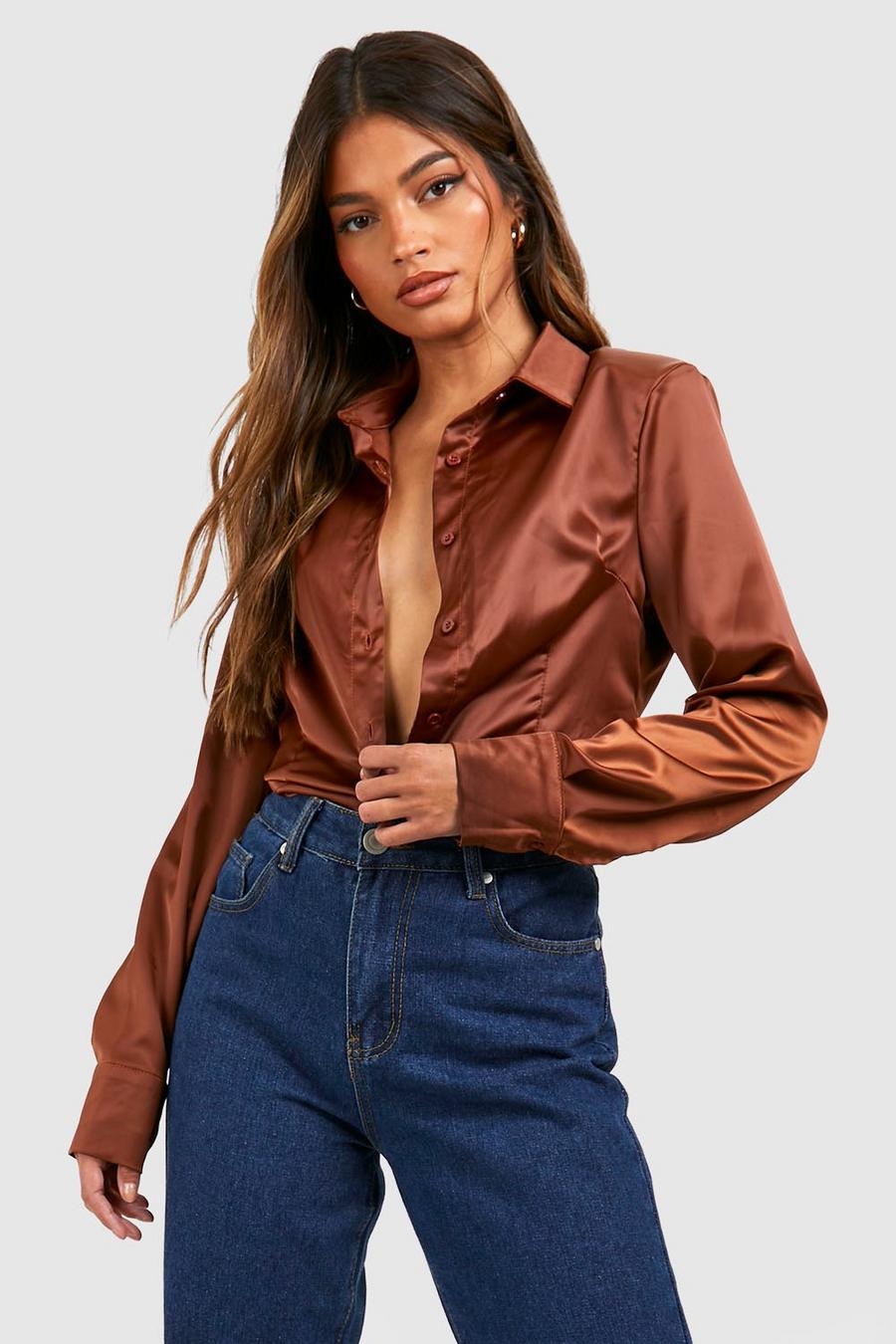 Chocolate Satin Fitted Shoulder Pad Shirt image number 1