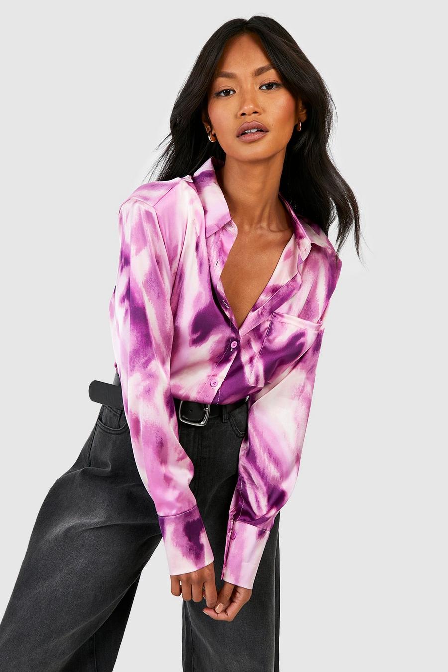 Plum Abstract Satin Fitted Shoulder Pad Shirt 