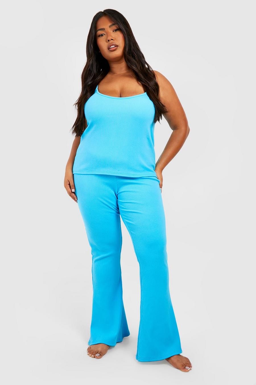 Turquoise blå Plus Rib Strappy Cami & Trouser Set  