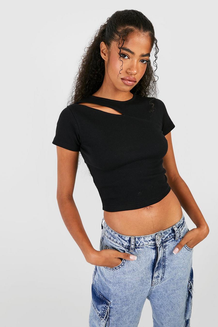 Black Basic Rib Short Sleeve Cut Out Top image number 1