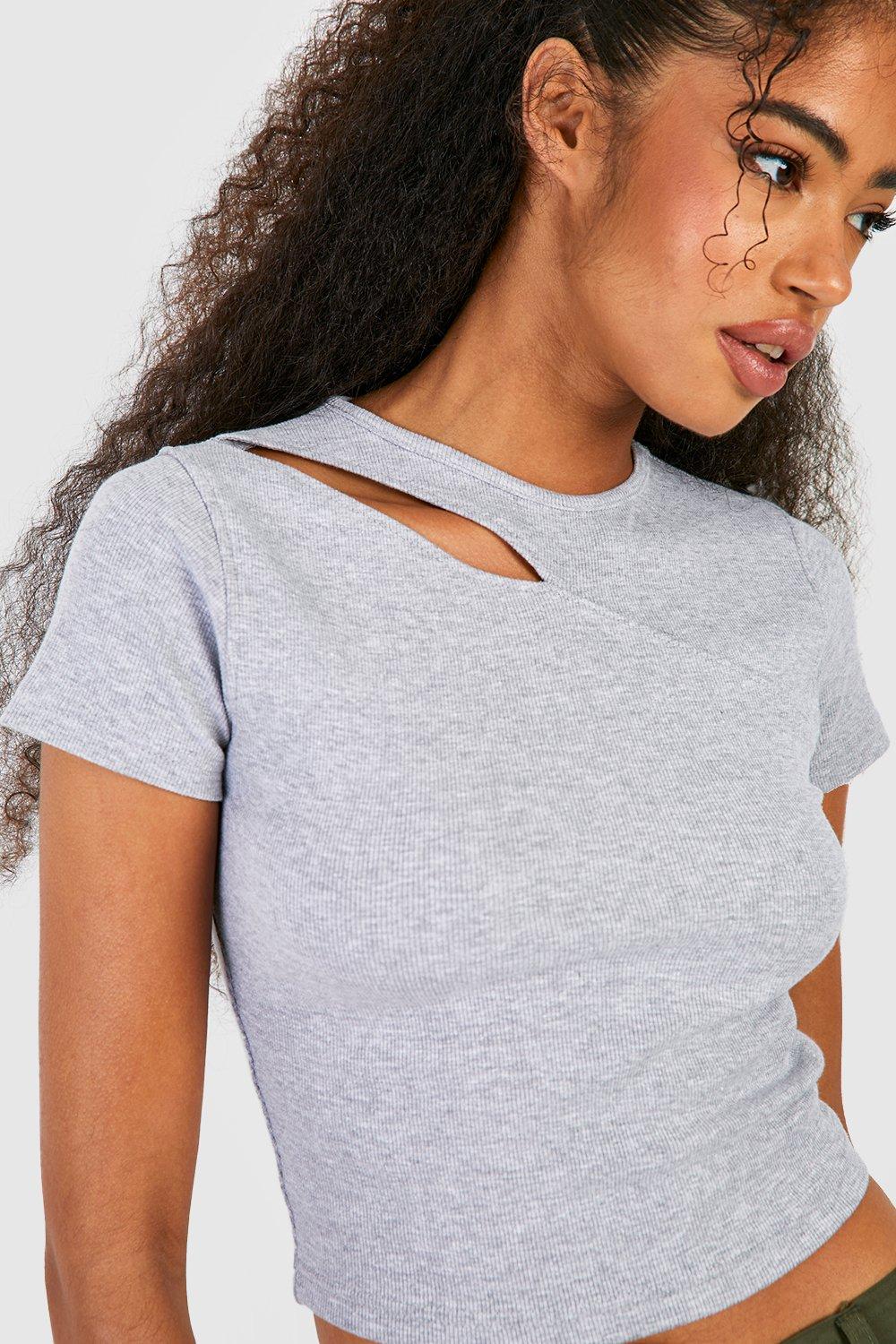 Boohoo Basic Rib Short Sleeve Crew Neck Crop Top in Grey