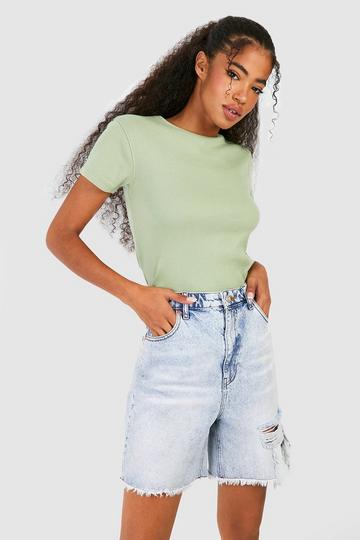 Basic Geribbelde Top Met Korte Mouwen En Crewneck olive