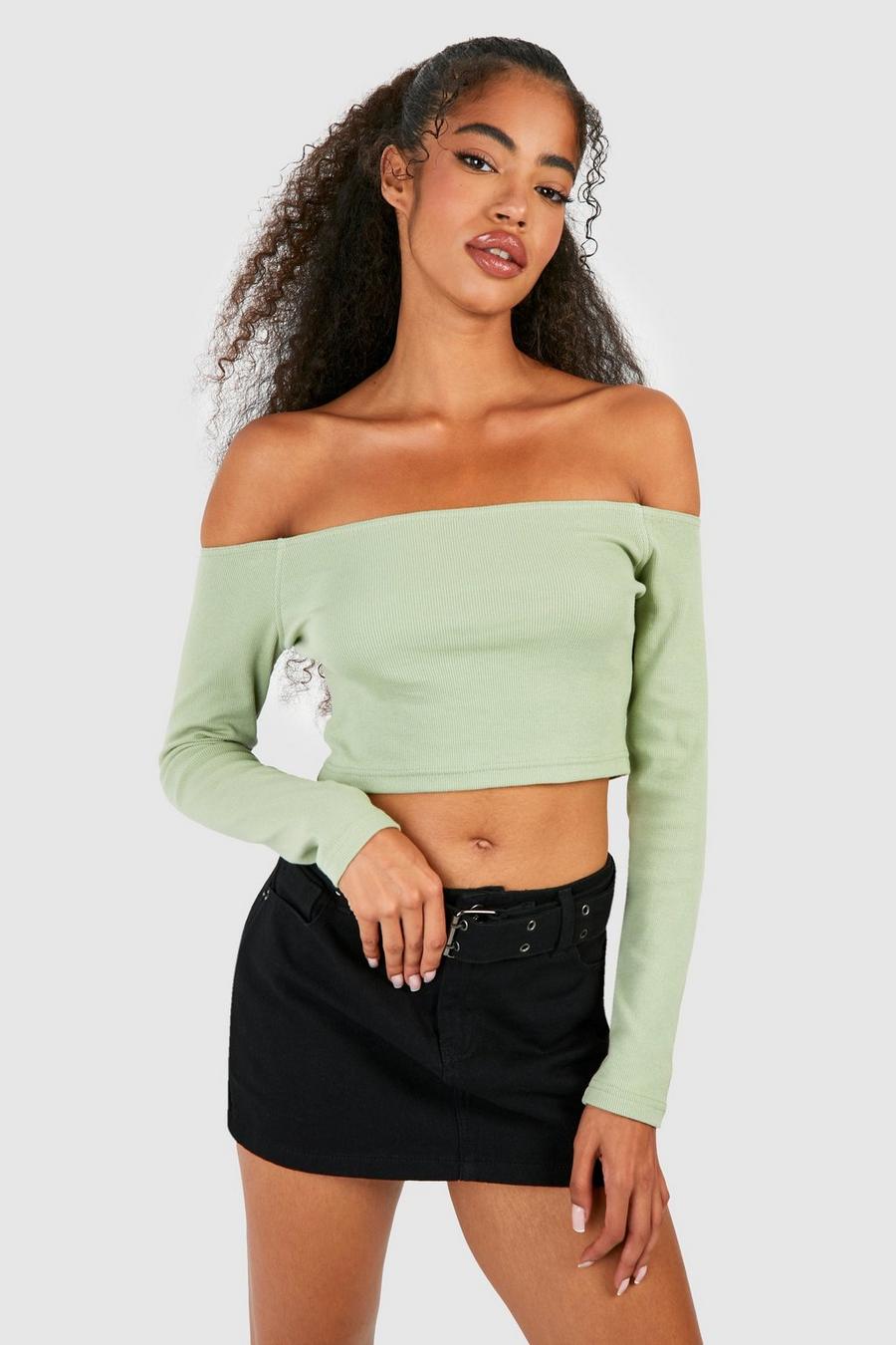 Crop top Basic a coste con scollo Bardot, Olive image number 1