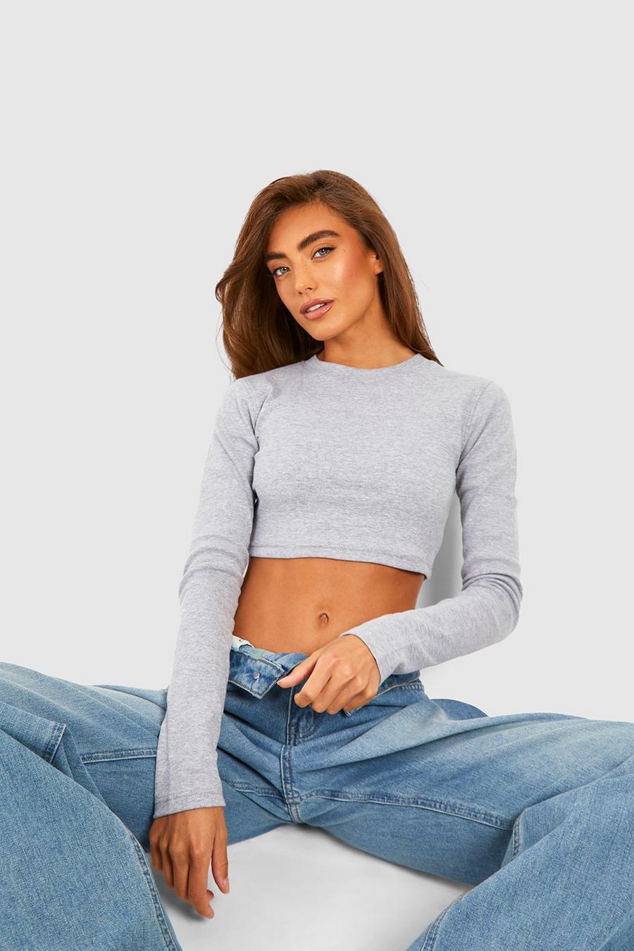 Crop top a girocollo Basic a coste a maniche lunghe, Grey marl image number 1
