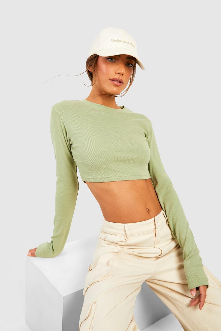 Crop top a girocollo Basic a coste a maniche lunghe, Olive image number 1