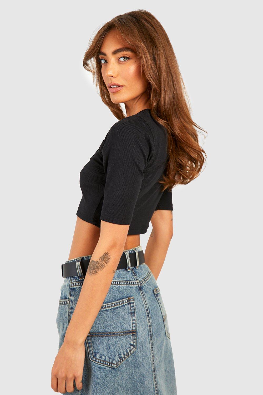 Basic Rib Slash Neck Cut Out Crop Top