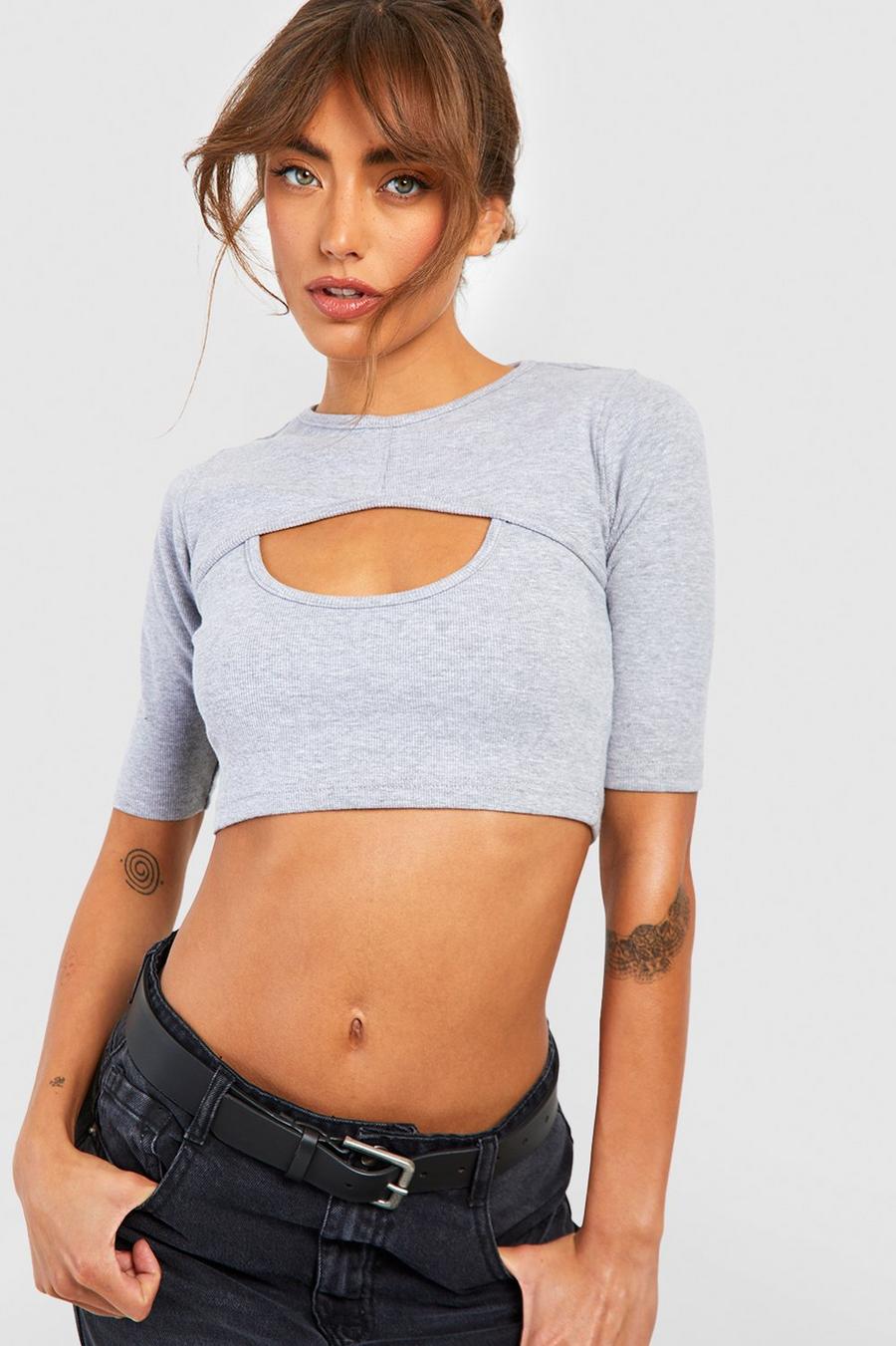Grey marl Basic Rib Boat Neck Cut Out Crop Top image number 1