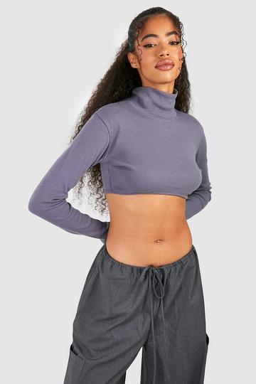 Basic Rib Funnel Neck Long Sleeve Crop Top petrol