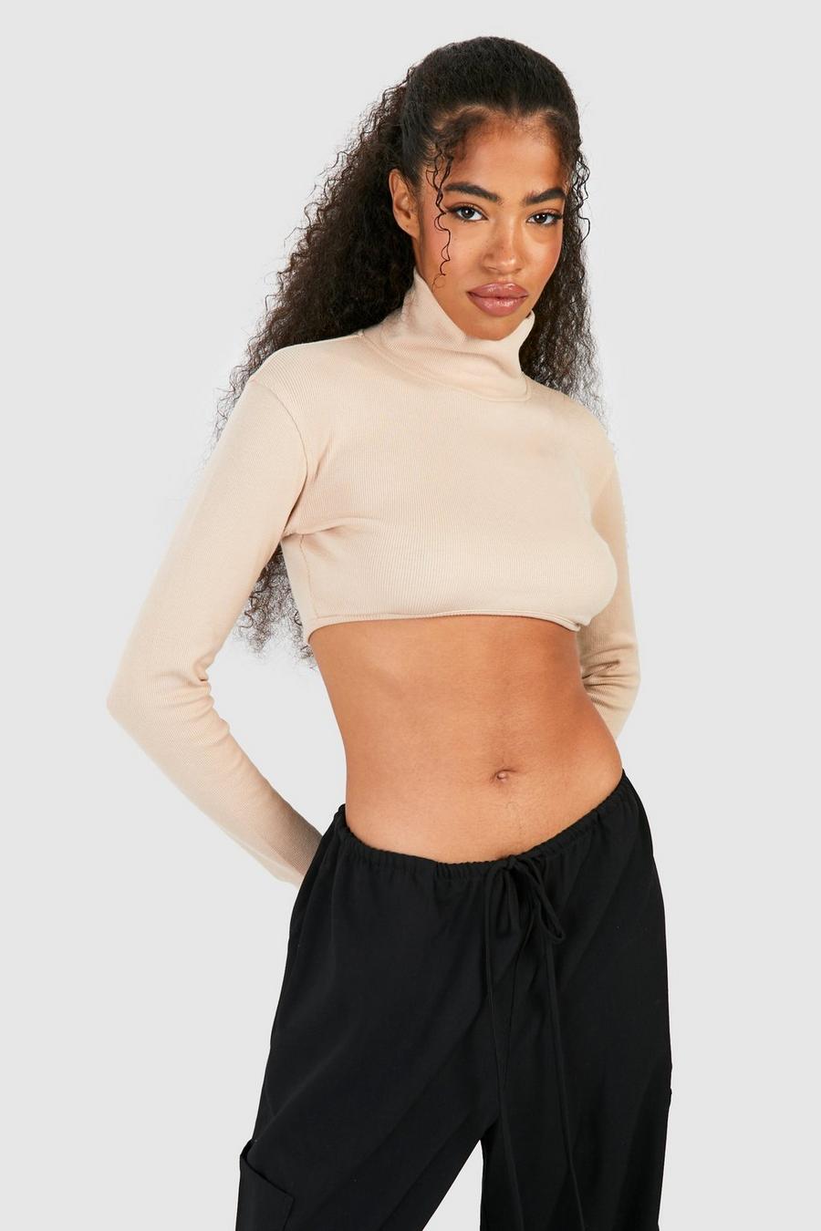 Stone Basic Rib Funnel Neck Long Sleeve Crop Top image number 1