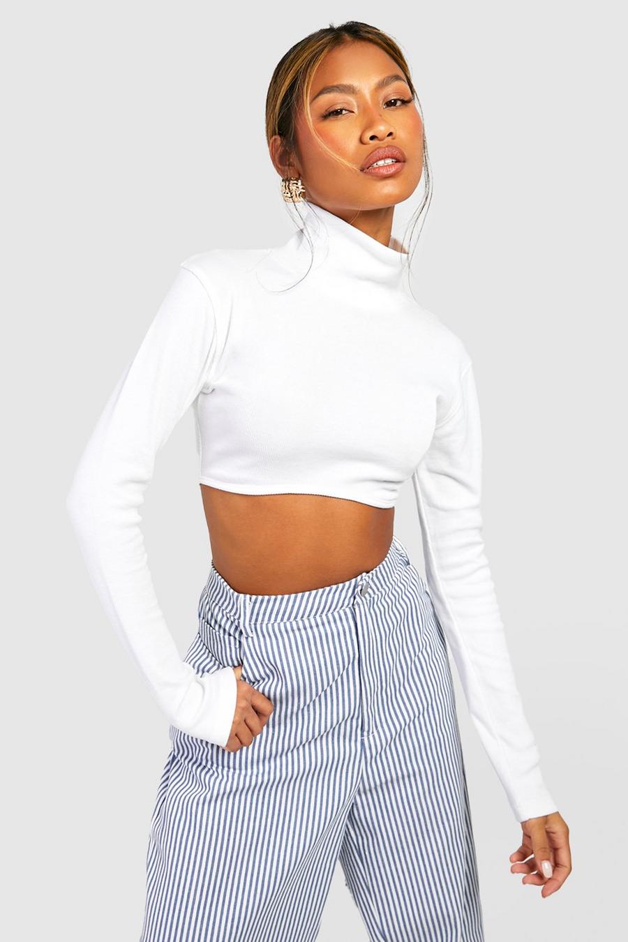 White Basic Rib Funnel Neck Long Sleeve Crop Top image number 1
