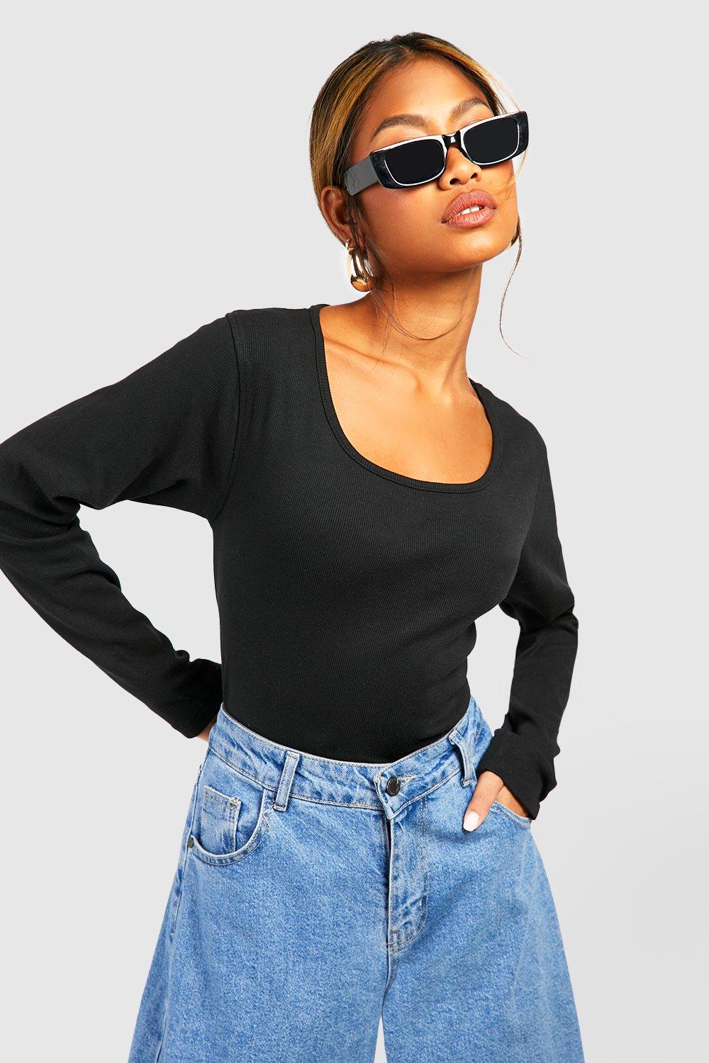 Basic Rib Scoop Neck Long Sleeve Top