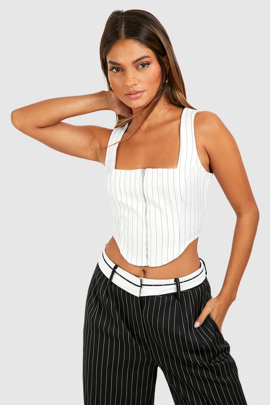 Top a corsetto a righe con zip frontale, White image number 1