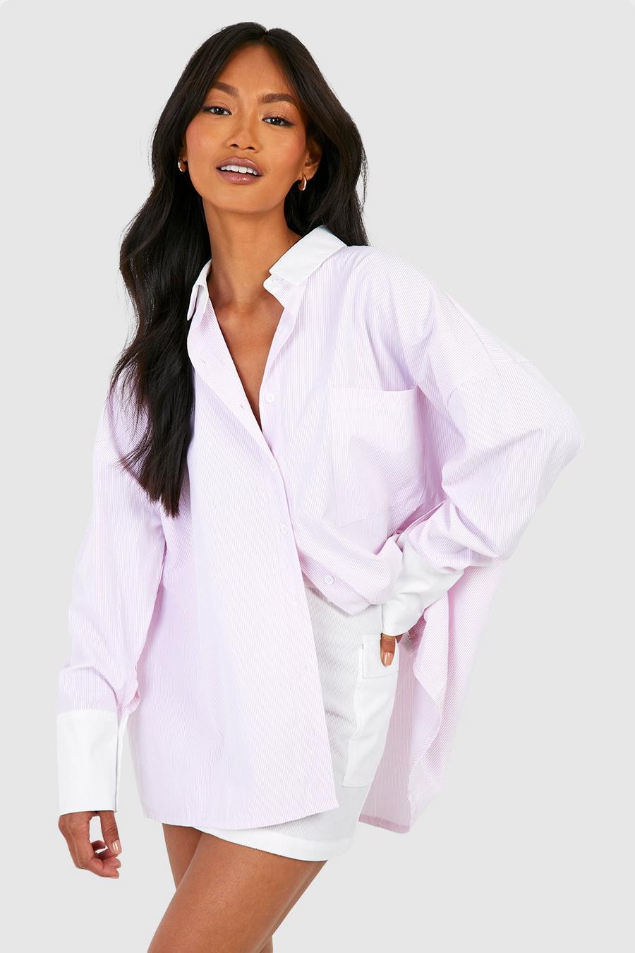 Camicia oversize a righe verticali con polsini a contrasto, Baby pink image number 1