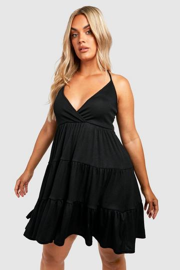 Plus Rib Strappy Tiered Smock Dress black