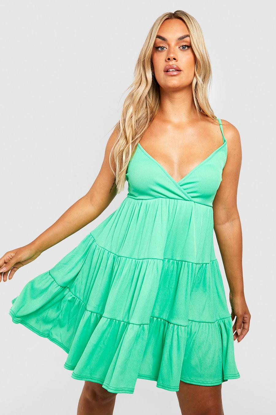 Green Plus Rib Strappy Tiered Smock Dress image number 1
