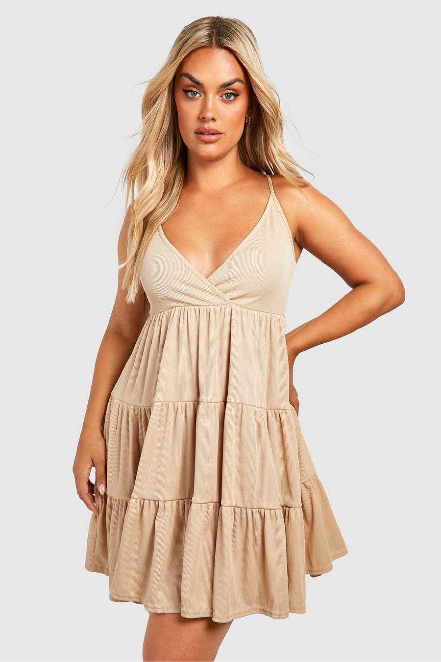 Stone Plus Rib Strappy Tiered Smock Dress image number 1