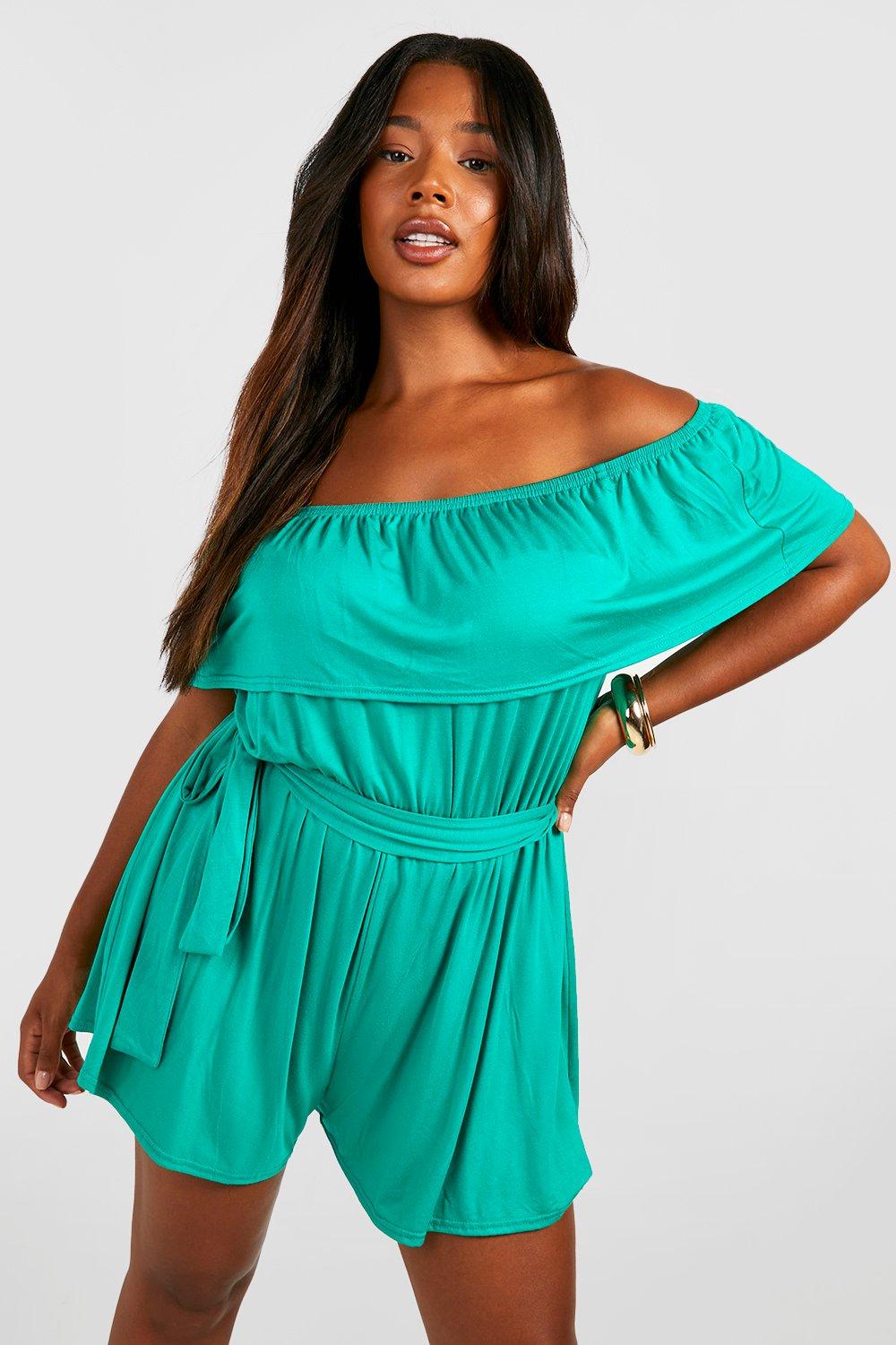 boohoo Plus Jersey Knit Off Shoulder Flippy Romper - Green - Size 14